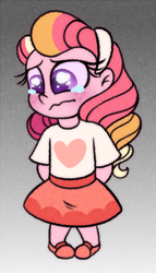 Size: 400x700 | Tagged: safe, artist:carouselunique, oc, oc:honeycrisp blossom, parent:big macintosh, parent:princess cadance, parents:cadmac, my little pony:equestria girls, abstract background, clothing, crying, female, offspring, solo, teary eyes, tumblr 2018 nsfw purge
