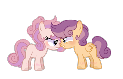 Size: 1656x1072 | Tagged: safe, artist:moon-rose-rosie, oc, oc only, parent:scootaloo, parent:sweetie belle, parents:scootabelle, species:pegasus, species:pony, species:unicorn, female, filly, magical lesbian spawn, offspring, simple background, transparent background