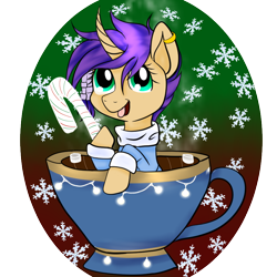 Size: 894x894 | Tagged: safe, artist:silversthreads, oc, oc only, oc:travelling light, species:pony, candy, candy cane, christmas, cup, cup of pony, food, holiday, male, solo, trap