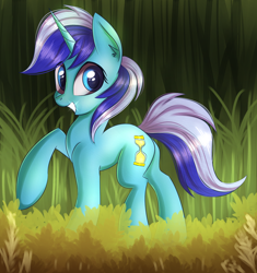 Size: 1890x2008 | Tagged: safe, artist:brok-enwings, character:minuette, species:pony, species:unicorn, female, grin, mare, raised hoof, smiling, solo