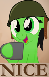 Size: 450x706 | Tagged: safe, anonymous artist, artist:zutheskunk edits, edit, oc, oc:filly anon, species:earth pony, species:pony, caption, coffee, cup, drinking, edited edit, female, filly, helmet, holding, image macro, mug, parody, reaction image, solo, steve1989mreinfo, text