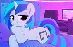 Size: 4000x2588 | Tagged: safe, artist:moozua, character:dj pon-3, character:vinyl scratch, species:pony, species:unicorn, 80s, clothing, computer mouse, female, keyboard, lidded eyes, mare, monitor, retro, retrowave, socks, solo, striped socks, synthwave