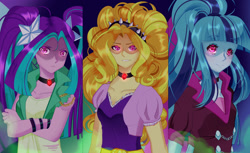 Size: 1794x1100 | Tagged: safe, artist:clefficia, character:adagio dazzle, character:aria blaze, character:sonata dusk, equestria girls:rainbow rocks, g4, my little pony: equestria girls, my little pony:equestria girls, clothing, creepy, creepy smile, crossed arms, female, gem, glowing eyes, looking at you, siren gem, smiling, the dazzlings