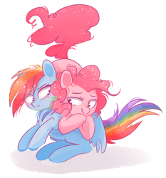 Size: 810x870 | Tagged: safe, artist:pinkablue, character:pinkie pie, character:rainbow dash, species:earth pony, species:pegasus, species:pony, ship:pinkiedash, blushing, duo, female, lesbian, lying on top of someone, mare, shipping, simple background, white background