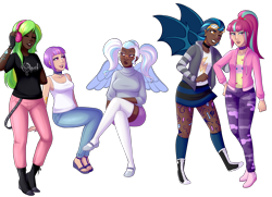 Size: 3000x2173 | Tagged: safe, artist:emberfan11, character:indigo zap, character:lemon zest, character:sour sweet, character:sugarcoat, character:sunny flare, species:human, equestria girls:friendship games, g4, my little pony: equestria girls, my little pony:equestria girls, :3, belt, boots, breasts, camouflage, choker, cleavage, clothing, commission, converse, dark skin, death metal, diversity, ear piercing, earring, eyebrow piercing, eyes closed, eyeshadow, face tattoo, feet, female, fingerless gloves, flats, freckles, glasses, gloves, goggles, headband, headphones, hoodie, humanized, jeans, jewelry, lip piercing, lipstick, makeup, mary janes, metalhead, miniskirt, nail polish, nose piercing, nose ring, one eye closed, open mouth, opeth, pants, piercing, pigtails, ponytail, progressive metal, sandals, shadow five, shirt, shoes, simple background, skirt, snake bites, socks, spiked choker, spiked wristband, stockings, sweater, t-shirt, tank top, tattoo, thigh highs, transparent background, vampire, wall of tags, winged humanization, wings, wink, wristband, zettai ryouiki
