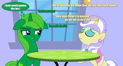 Size: 2001x1080 | Tagged: safe, artist:limedreaming, character:upper crust, oc, oc:lime dream, species:pony, species:unicorn, canterlot, floppy ears, freckles, snooty, table, text bubbles, unicorn master race, vector, window