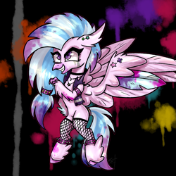Size: 1861x1861 | Tagged: safe, artist:lixthefork, character:silverstream, species:hippogriff, clothing, female, fishnets, jewelry, necklace, punk, solo, spiked wristband, vest, wristband