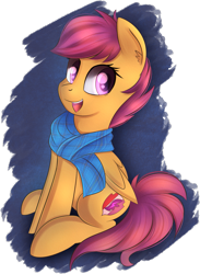 Size: 1167x1595 | Tagged: safe, artist:brok-enwings, character:scootaloo, species:pegasus, species:pony, clothing, cute, cutealoo, ear fluff, female, filly, happy, scarf, smiling