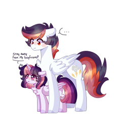 Size: 2607x2607 | Tagged: safe, artist:moon-rose-rosie, oc, oc only, oc:celestial moon, oc:shining ray, parent:rainbow dash, parent:soarin', parent:spitfire, parent:twilight sparkle, parents:soarinfire, parents:twidash, species:alicorn, species:pegasus, species:pony, female, high res, magical lesbian spawn, male, mare, offspring, simple background, size difference, stallion, transparent background