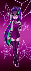 Size: 752x1700 | Tagged: safe, artist:nekojackun, character:aria blaze, my little pony:equestria girls, alternate hairstyle, ariabetes, backless, clothing, cute, female, loose hair, open-back sweater, sleeveless, sleeveless sweater, socks, solo, stockings, sweater, sweater dress, thigh highs, virgin killer sweater