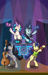 Size: 1489x2309 | Tagged: safe, artist:moonlightfan, character:dj pon-3, character:fiddlesticks, character:neon lights, character:octavia melody, character:rising star, character:vinyl scratch, species:pony, fanfic:between bassdrops and bowstrings, apple family member, cello, clothing, fanfic, fanfic art, fanfic cover, hat, musical instrument, turntable, violin
