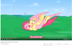 Size: 1293x819 | Tagged: safe, artist:misterdavey, edit, character:fluttershy, character:pinkie pie, species:pony, caption, easter egg, fight, freeze frame bonus, hug, meme, mid-air, smile hd, youtube