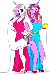 Size: 2464x3491 | Tagged: safe, artist:killerteddybear94, character:fleur-de-lis, character:princess cadance, species:alicorn, species:anthro, species:pony, species:unicorn, beautisexy, big breasts, breasts, busty fleur-de-lis, busty princess cadance, cleavage, clothing, cutie mark, dress, duet, duo, ear piercing, earring, hand on hip, high heels, jewelry, legs, linked arms, looking at each other, microphone, necklace, open mouth, piercing, raised leg, shoes, side slit, singing, smiling, standing, standing on one leg, traditional art