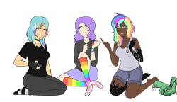 Size: 3756x2161 | Tagged: safe, artist:emberfan11, artist:icey-wicey-1517, edit, oc, oc only, oc:dawn (ice1517), oc:maxie (ice1517), oc:pastel chole, species:human, barefoot, boots, bracelet, breasts, choker, cleavage, clothing, collaboration, color edit, colored, converse, dark skin, feet, female, fingerless gloves, gloves, heterochromia, hoodie, humanized, humanized oc, jeans, jewelry, joycon, multicolored hair, nail polish, nintendo, nintendo switch, open mouth, pants, rainbow hair, rainbow socks, shirt, shoes, shorts, shrunken pupils, simple background, sitting, skirt, socks, soles, striped socks, t-shirt, tank top, tattoo, transparent background, wall of tags, wristband