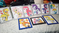 Size: 3328x1872 | Tagged: safe, artist:ponygoddess, character:applejack, character:derpy hooves, character:fluttershy, character:pinkie pie, character:rainbow dash, character:rarity, character:sunset shimmer, character:twilight sparkle, my little pony:equestria girls, collection, ditzy doo, hand drawing, mane six, print, traditional art