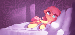 Size: 2817x1303 | Tagged: safe, artist:freeedon, character:fluttershy, species:pegasus, species:pony, bed, bedroom, cute, eye clipping through hair, female, floppy ears, hair over one eye, indoors, looking up, mare, on bed, on side, pillow, shyabetes, signature, solo, stray strand