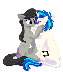 Size: 3582x4133 | Tagged: safe, artist:yaaaco, character:dj pon-3, character:octavia melody, character:vinyl scratch, species:earth pony, species:pony, species:unicorn, ship:scratchtavia, eye contact, female, leonine tail, lesbian, looking at each other, mare, shipping, simple background, smiling, white background