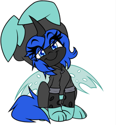 Size: 861x923 | Tagged: safe, artist:nekro-led, oc, oc only, oc:blue visions, species:changeling, blue changeling, bunny ears, changeling oc, clothing, costume, cute, dangerous mission outfit, female, hoodie, simple background, solo