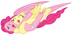 Size: 3464x1732 | Tagged: safe, artist:anext, artist:misterdavey, character:fluttershy, character:pinkie pie, species:pony, curly mane, curly tail, deviantart, eyes closed, hug, long mane, long tail, open mouth, pink mane, pink skin, pink tail, smile hd, smiling, wings