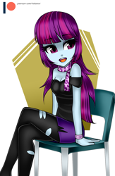 Size: 976x1500 | Tagged: safe, artist:nekojackun, character:mystery mint, my little pony:equestria girls, bare shoulders, beautiful, chair, clothing, crossed legs, cute, female, legs, miniskirt, moe, mysterybetes, open mouth, pantyhose, patreon, patreon logo, ripped pantyhose, scarf, simple background, sitting, skirt, solo, white background