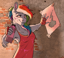Size: 2000x1800 | Tagged: safe, artist:shimazun, character:rainbow dash, species:anthro, alleyway, armpits, clothing, downtown, elbow fluff, female, fingerless gloves, gloves, graffiti, solo, spray can