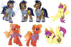 Size: 1920x1286 | Tagged: safe, artist:lostinthetrees, species:pegasus, species:pony, species:unicorn, clothing, female, firebrand, hat, male, mare, saddle bag, simple background, stallion, strong oak, tails of equestria, the haunting of equestria, thrilly filly, transparent background