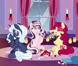 Size: 1550x1300 | Tagged: safe, artist:yokokinawa, oc, oc:melody diamond, oc:soft petal, oc:violet quill, species:earth pony, species:pony, species:unicorn, episode:hearth's warming eve, g4, my little pony: friendship is magic, blushing, candle, doll, feather, female, hearth's warming, hearts warming day, mare, room, sewing, spanish, story included, thread, tongue out, toy, vampony, window, wives