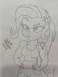 Size: 1533x2048 | Tagged: safe, artist:theanimefanz, character:trixie, my little pony:equestria girls, abs, female, female symbol, grand and muscular trixie, hand drawing, monochrome, solo, traditional art, twitter link