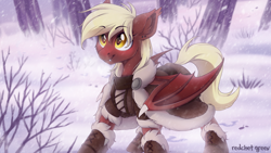 Size: 1920x1080 | Tagged: safe, artist:redchetgreen, oc, oc only, oc:picture perfect, species:bat pony, species:pony, bat pony oc, clothing, coat, cute, cute little fangs, fangs, female, mare, snow, solo, tree, winter
