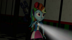 Size: 1600x900 | Tagged: safe, artist:fazbearsparkle, character:rainbow dash, my little pony:equestria girls, 3d, animatronic, bonnie, fear, female, five nights at freddy's, five nights at freddy's 2, flashlight (object), in the dark, source filmmaker, withered, withered bonnie