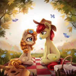 Size: 3000x3000 | Tagged: safe, artist:inowiseei, character:bright mac, character:pear butter, species:earth pony, species:pony, ship:brightbutter, episode:the perfect pear, g4, my little pony: friendship is magic, acoustic guitar, applejack's parents, brightabetes, butterfly, clothing, commission, cowboy hat, cute, dawwww, ear fluff, eye contact, female, flower, flower in hair, grin, guitar, happy, hat, husband and wife, looking at each other, male, mare, mouth hold, musical instrument, pearabetes, picnic, romantic, shipping, smiling, stallion, straight, sweet dreams fuel, unshorn fetlocks