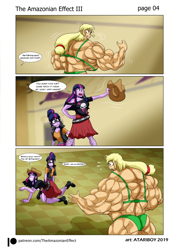 Size: 1132x1578 | Tagged: safe, artist:atariboy2600, artist:bluecarnationstudios, character:applejack, character:twilight sparkle, character:twilight sparkle (scitwi), species:eqg human, comic:the amazonian effect, comic:the amazonian effect iii, my little pony:equestria girls, all fours, applejacked, clothing, explicit series, hat, humans doing horse things, muscles, silly, silly human, twolight, who's a silly pony