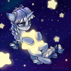 Size: 3000x3000 | Tagged: safe, artist:inowiseei, oc, oc only, oc:frosty icepeaks, species:pony, species:unicorn, braid, braided tail, female, mare, solo, stars, tangible heavenly object
