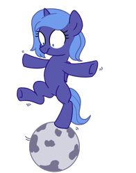 Size: 3011x3850 | Tagged: safe, artist:yaaaco, character:princess luna, species:alicorn, species:pony, balancing, bipedal, cute, female, filly, frown, looking down, lunabetes, mare, moon, raised leg, s1 luna, shivering, simple background, solo, tangible heavenly object, transparent background, underhoof, wide eyes, woona, younger