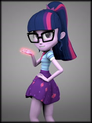 Size: 1775x2367 | Tagged: safe, artist:aryatheeditor, character:twilight sparkle, character:twilight sparkle (scitwi), species:eqg human, episode:street magic with trixie, g4, my little pony: equestria girls, my little pony:equestria girls, spoiler:eqg series (season 2), 3d, bow tie, clothing, cute, female, geode of telekinesis, glasses, grin, hand on hip, legs, lidded eyes, looking at you, magic, magical geodes, miniskirt, ponytail, pose, scene interpretation, simple background, skirt, smiling, smirk, smug, smuglight sparkle, solo, source filmmaker, telekinesis