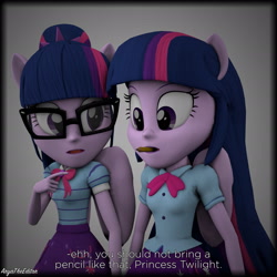 Size: 2367x2367 | Tagged: safe, artist:aryatheeditor, character:twilight sparkle, character:twilight sparkle (alicorn), character:twilight sparkle (scitwi), species:alicorn, species:eqg human, species:pony, g4, my little pony: equestria girls, my little pony:equestria girls, 3d, bow tie, clothing, cute, dialogue, duo, female, glasses, humans doing horse things, mouth hold, open mouth, pencil, pointing, ponied up, pony ears, ponytail, scitwilicorn, silly, simple background, skirt, source filmmaker, text, twolight, wings