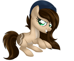 Size: 1024x854 | Tagged: safe, artist:crystal-tranquility, oc, oc only, oc:macadamia, species:earth pony, species:pony, beanie, brown hair, brown mane, brown tail, clothing, eyelashes, female, freckles, green eyes, hat, mare, open mouth, simple background, smiling, smirk, solo, teeth, transparent background