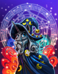 Size: 1200x1521 | Tagged: safe, artist:harwick, character:star swirl the bearded, species:pony, species:unicorn, beard, cape, clothing, facial hair, hat, magic, magic circle, male, moustache, raised eyebrow, robe, solo, stallion, wizard hat