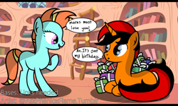 Size: 1710x1028 | Tagged: safe, artist:phenioxflame, base used, oc, oc:dawn, oc:redzac, species:pony, species:unicorn, birthday, present