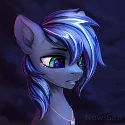 Size: 1500x1500 | Tagged: safe, artist:inowiseei, oc, oc only, oc:lightning flare, species:pony, blue background, bust, commission, crying, jewelry, portrait, sad, simple background, solo