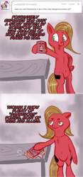 Size: 800x1707 | Tagged: safe, artist:trojan-pony, oc, oc:pun, species:earth pony, species:pony, ask pun, fanfic:cupcakes, armpits, ask, bipedal, comic, female, mare, solo, table