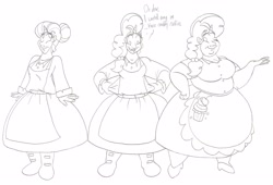 Size: 3267x2227 | Tagged: safe, artist:catstuxedo, character:sugar belle, species:human, apron, bbw, chubby, chubby cheeks, clothing, dress, fat, female, horned humanization, humanized, monochrome, smiling, solo, sugar belly, weight gain