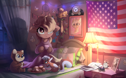 Size: 4000x2500 | Tagged: safe, artist:freeedon, oc, oc only, species:pony, species:unicorn, :<, :i, american flag, animated in description, bear, bed, bedroom, book, cheek fluff, clock, clothing, commission, curtains, cute, ear fluff, eating, eye clipping through hair, female, filly, flag, floppy ears, fluffy, food, grin, hoof hold, lamp, leg fluff, looking up, mare, neck fluff, night, picture, picture frame, pillow, pipe, robe, semi-anthro, sitting, smiling, squee, squirrel, stars, sticky note, sweater, tea, window
