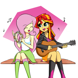 Size: 1500x1500 | Tagged: safe, artist:nekojackun, artist:twilite-sparkleplz, character:fluttershy, character:sunset shimmer, ship:sunshyne, my little pony:equestria girls, bench, boots, clothing, duo, female, gradient background, guitar, jacket, leather, leather jacket, lesbian, miniskirt, music notes, musical instrument, open mouth, shipping, shoes, simple background, singing, sitting, skirt, sleeveless, socks, tambourine, tank top, upskirt denied