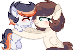 Size: 732x501 | Tagged: safe, artist:moon-rose-rosie, base used, oc, oc only, oc:shining ray, oc:theodosia, parent:soarin', parent:spitfire, parents:soarinfire, species:pegasus, species:pony, colt, female, holding a pony, male, mare, offspring, red nosed, siblings, simple background, transparent background