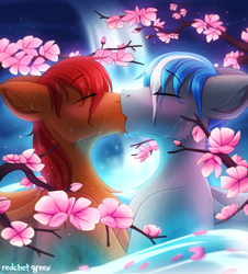 Size: 1356x1500 | Tagged: safe, artist:redchetgreen, oc, oc only, oc:captain sunride, oc:cloud zapper, species:pegasus, species:pony, blushing, cherry blossoms, eyes closed, floppy ears, flower, flower blossom, gay, kissing, male, stallion, tree, water, waterfall, wet, wet hair, ych result