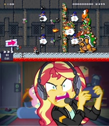 Size: 1000x1150 | Tagged: safe, artist:fazbearsparkle, edit, screencap, character:fluttershy, character:sunset shimmer, episode:game stream, g4, my little pony: equestria girls, my little pony:equestria girls, spoiler:eqg series (season 2), angry, bowser, controller, game, gamer sunset, goomba, kamek, koopa, meme, psycho gamer sunset, rage, rageset shimmer, sunset shimmer frustrated at game, super mario bros., super mario maker, super mario world, this will end in a broken tv, wii u