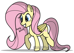 Size: 1325x946 | Tagged: safe, artist:phenioxflame, character:fluttershy, species:pegasus, species:pony, creepy, female, grin, png, smiling, solo, vulgar