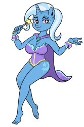 Size: 1024x1545 | Tagged: safe, artist:wangkingfun, character:trixie, species:anthro, species:plantigrade anthro, barefoot, big breasts, breasts, busty trixie, clothing, feet, female, leotard, magic wand, magician outfit, simple background, solo
