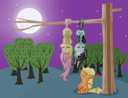 Size: 512x391 | Tagged: safe, artist:darbypop1, character:applejack, character:flutterbat, character:fluttershy, oc, oc:lily bats, species:bat pony, species:pony, apple tree, bat ponified, behaving like a bat, chibi, hanging, hanging upside down, moon, night, race swap, tree, tree branch